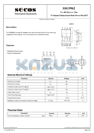 SSG9962 datasheet - N-Channel Enhancement Mode Power Mos.FET