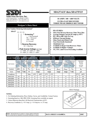 SDA37DUF datasheet - ULTRA FAST RECOVERY THREE PHASE BRIDGE RECTIFIER