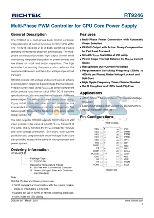 RT9246 datasheet - Multi-Phase PWM Controller for CPU Core Power Supply