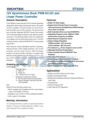 RT9259GA datasheet - 12V Synchronous Buck PWM DC-DC and Linear Power Controller