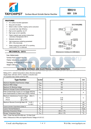 SSH210 datasheet - Surface Mount Schottk Barrier Rectifier