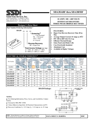 SDA38FHF datasheet - HYPER FAST RECOVERY THREE PHASE BRIDGE RECTIFIER