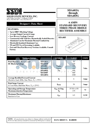 SDA403A datasheet - 6 AMPS STANDARD RECOVERY THREE PHASE BRIDGE RECTIFIER ASSEMBLY