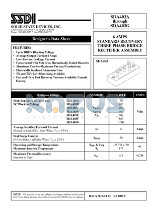 SDA403E datasheet - 6 AMPS STANDARD RECOVERY THREE PHASE BRIDGE RECTIFIER ASSEMBLY