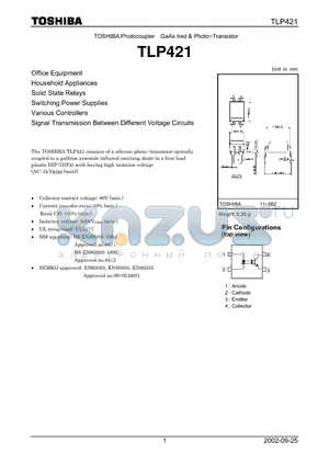 TLP421 datasheet - Photocoupler GaAs Ired & Photo - Transistor