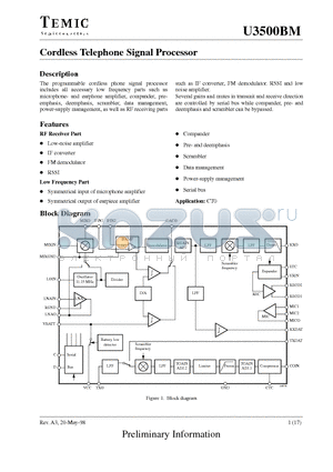 U3500BM-BFL datasheet - Cordless Telephone Signal Processor