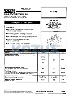 SDA48 datasheet - 150 AMP 50 VOLTS MATCHED POWER SCHOTTKY DIODE ARRAY