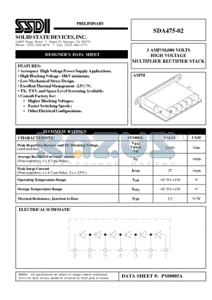 SDA475-02 datasheet - 3 AMP/18,000 VOLTS HIGH VOLTAGE MULTIPLIER RECTIFIER STACK