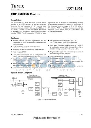 U3741BM datasheet - UHF ASK/FSK Receiver