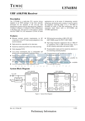 U3741BM-M2FLG3 datasheet - UHF ASK/FSK Receiver