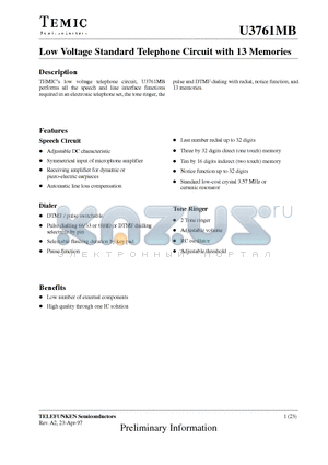 U3761MB datasheet - Low Voltage Standard Telephone Circuit with 13 Memories