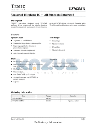 U3762MB datasheet - Universal Telephone IC - All Functions Integrated