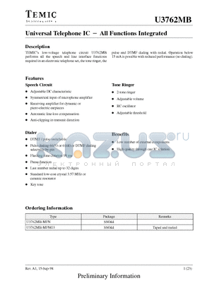 U3762MB-MFNG3 datasheet - Universal Telephone IC - All Functions Integrated