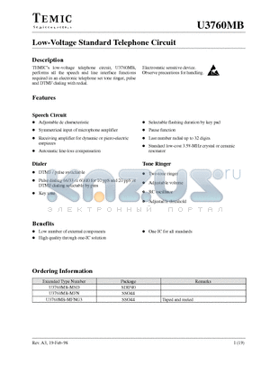 U3760MB datasheet - Low-Voltage Standard Telephone Circuit