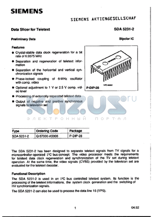 SDA5231-2 datasheet - Data Silcer for Teletext