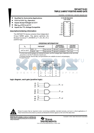 SN74ACT10QDRQ1 datasheet - TRIPLE 3-INPUT POSITIVE-NAND GATE