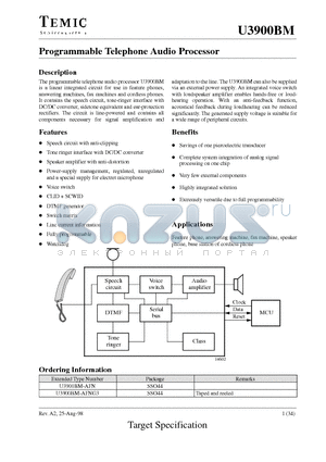 U3900BM-AFN datasheet - Programmable Telephone Audio Processor