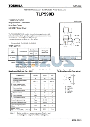 TLP590B datasheet - Telecommunication Programmable Controllers Mos Gate Driver MOS FET Gate Driver