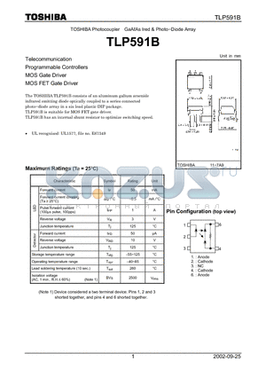 TLP591B datasheet - Telecommunication Programmable Controllers MOS Gate Driver MOS FET Gate Driver