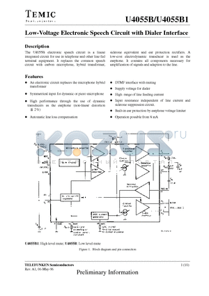 U4055B datasheet - Low-Voltage Electronic Speech Circuit with Dialer Interface