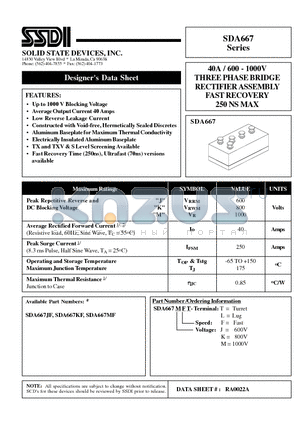 SDA667 datasheet - 40A / 600 - 1000V THREE PHASE BRIDGE RECTIFIER ASSEMBLY FAST RECOVERY 250 NS MAX