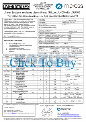 U405_TO-71 datasheet - Low Noise, Low Drift, Monolithic Dual N-Channel JFET