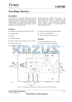 U4074B datasheet - Tone Ringer Interface