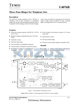 U4076B datasheet - Three-Tone Ringer for Telephone Sets