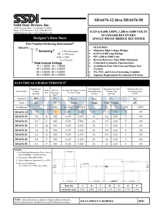 SDA676-42 datasheet - 0.125 to 0.400 AMPS, 1,200 to 5,000 VOLTS STANDARD RECOVERY SINGLE PHASE BRIDGE RECTIFIER