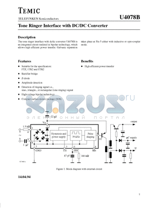 U4078B datasheet - Tone Ringer Interface with DC/DC Converter