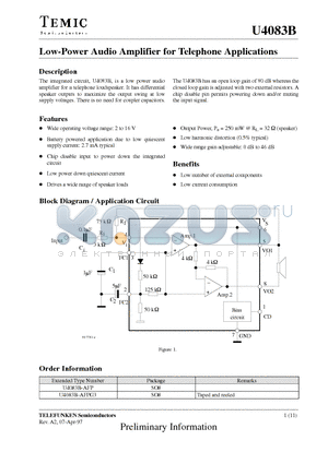 U4083B-AFP datasheet - Low-Power Audio Amplifier for Telephone Applications