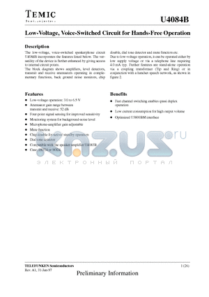 U4084B datasheet - Low-Voltage, Voice-Switched Circuit for Hands-Free Operation