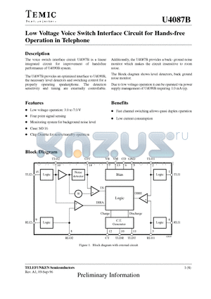 U4087B-FP datasheet - Low Voltage Voice Switch Interface Circuit for Hands-free Operation in Telephone