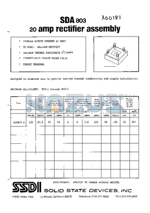 SDA803 datasheet - 20AMP BRIDGE RECTIFIER ASSEMBLY