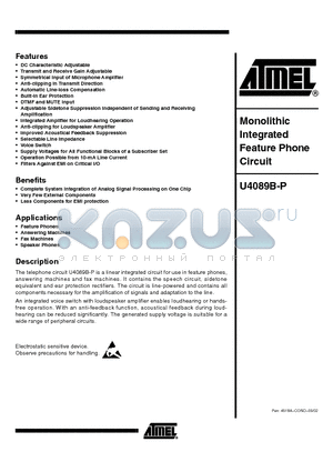 U4089B-P datasheet - Monolithic Integrated Feature Phone Circuit