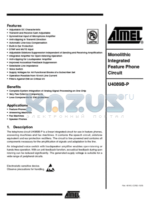 U4089B-P datasheet - Monolithic Integrated Feature Phone Circuit