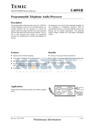 U4091B datasheet - Programmable Telephone Audio Processor