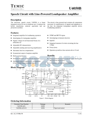 U4050B-AFLG3 datasheet - Speech Circuit with Line-Powered Loudspeaker Amplifier