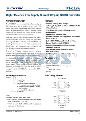 RT9262 datasheet - High Efficiency, Low Supply Current, Step-up DC/DC Converter