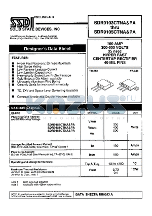 SDA9104CTNA datasheet - 100 AMPS 300 - 500 VOLTS 35 nsec HYPER FAST CENTERTAP RECTIFIER 40MIL PINS