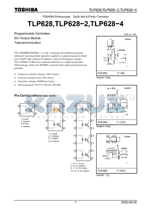TLP628-2 datasheet - TOSHIBA Photocoupler GaAs Ired & Photo-Transistor