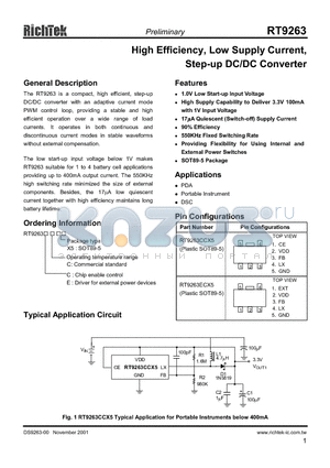 RT9263 datasheet - HIGH EFFICIENCY LOW SUPPLY CURRENT STEP UP DC/DC CONVERTER