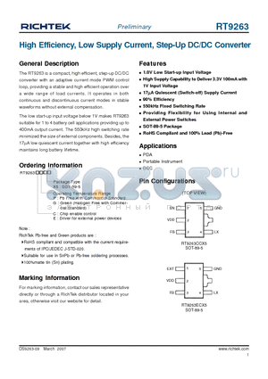 RT9263CPX5 datasheet - High Efficiency, Low Supply Current, Step-Up DC/DC Converter
