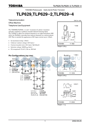 TLP629 datasheet - TOSHIBA Photocoupler GaAs Ired & Photo-Transistor