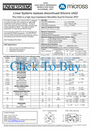 U422_PDIP datasheet - high input impedance Monolithic Dual N-Channel JFET