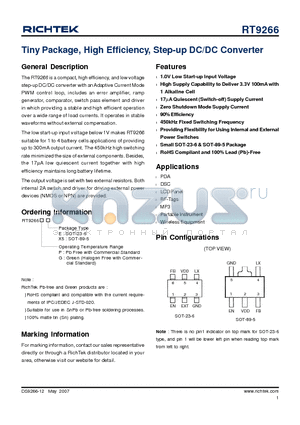 RT9266GE datasheet - Tiny Package, High Efficiency, Step-up DC/DC Converter