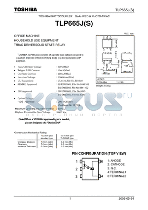 TLP665J datasheet - TOSHIBA PHOTOCOUPLER GaAs IRED & PHOTO-TRIAC