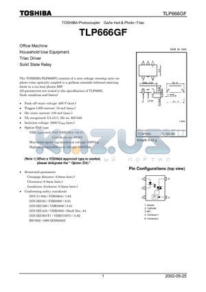 TLP666GF datasheet - TOSHIBA Photocoupler GaAs Ired & Photo-Triac