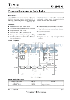 U4256BM datasheet - Frequency Synthesizer for Radio Tuning