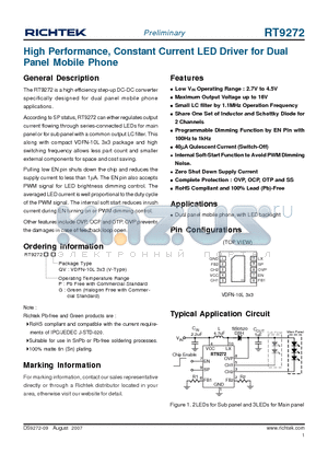 RT9272 datasheet - High Performance, Constant Current LED Driver for Dual Panel Mobile Phone